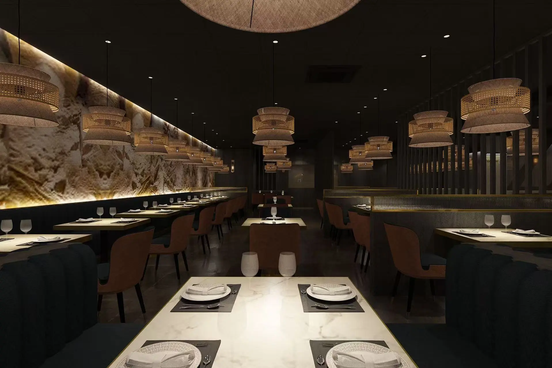 An elegant dining room with marble-top tables, plush seating, and unique woven pendant lights hanging from a dark ceiling.