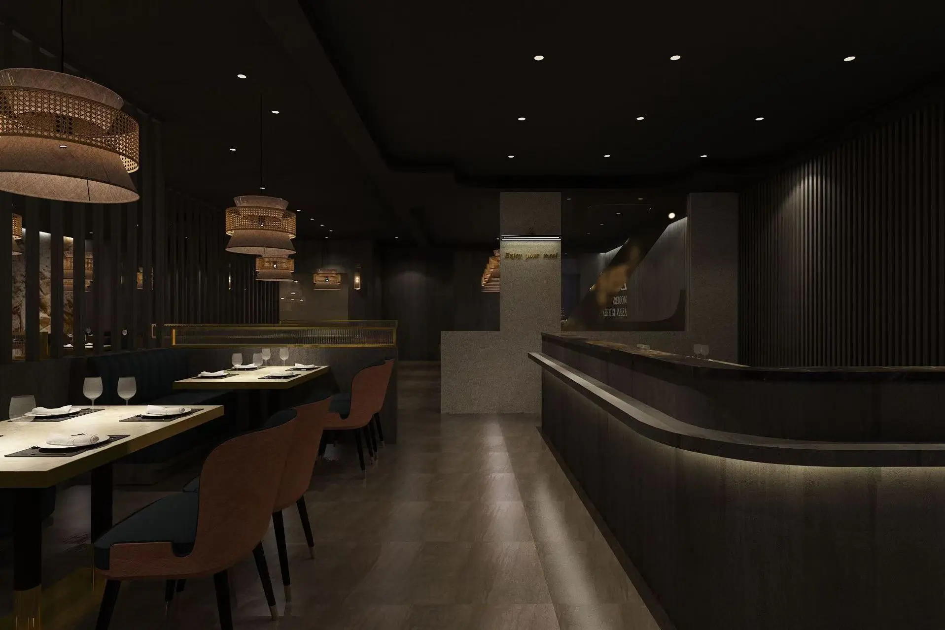 A dimly lit, modern restaurant interior with sleek tables, contemporary pendant lights, and a long bar counter.