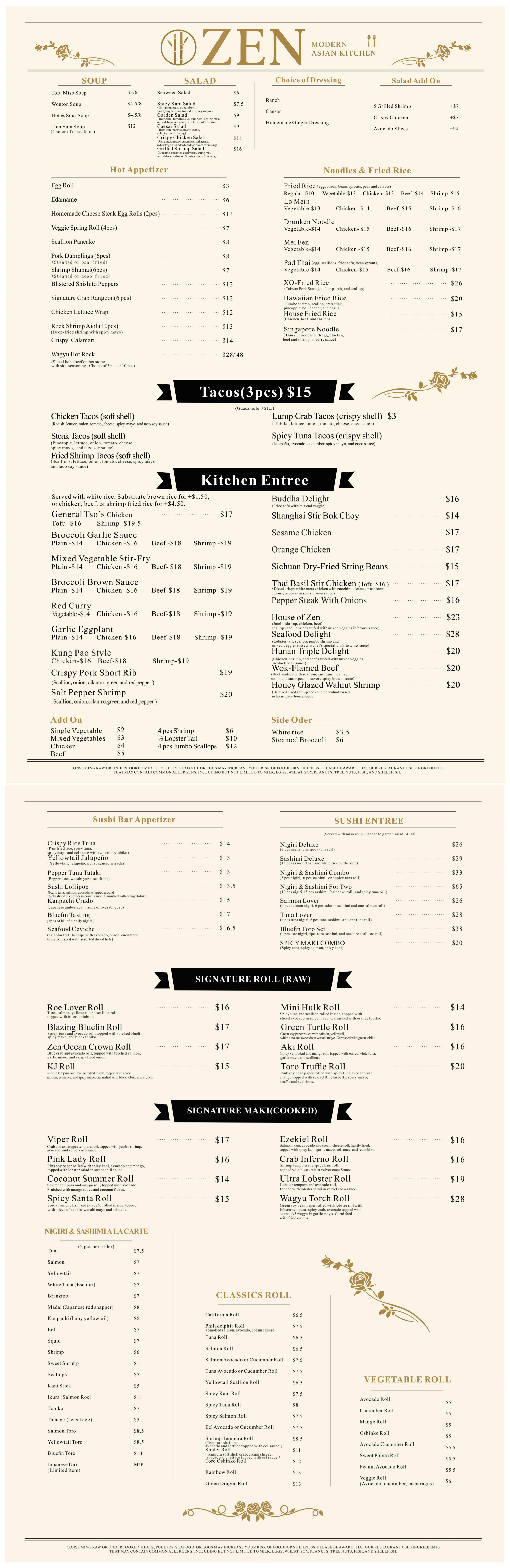Zen Modern Asian Kitchen Dinner Menu featuring diverse Asian fusion dishes: Ozen Salad with dressing options and add-ons (Grilled Shrimp, Crispy Chicken, Avocado Slices), Soups (Tofu Miso Soup), Hot Appetizers (Egg Roll, Edamame, Signature Crab Rangoon, Wagyu Hot Rock Wagyu), Noodles & Fried Rice (Pad Thai, XO-Fried Rice, Singapore Noodle), Sushi Rolls (Toro Trufle Roll, Ultra Lobster Roll, Wagyu Torch Roll), Tacos (3pcs options: Chicken, Steak, Fried Shrimp, Lump Crab), Kitchen Entrees (Sesame Chicken, Orange Chicken, House of Zen, Seafood Delight), Nigiri & Sashimi (Nigiri Deluxe, Sashimi Deluxe, Bluefin Toro), Vegetable Rolls, and sides. Prices range from $3 to $65, with premium Wagyu and seafood options.