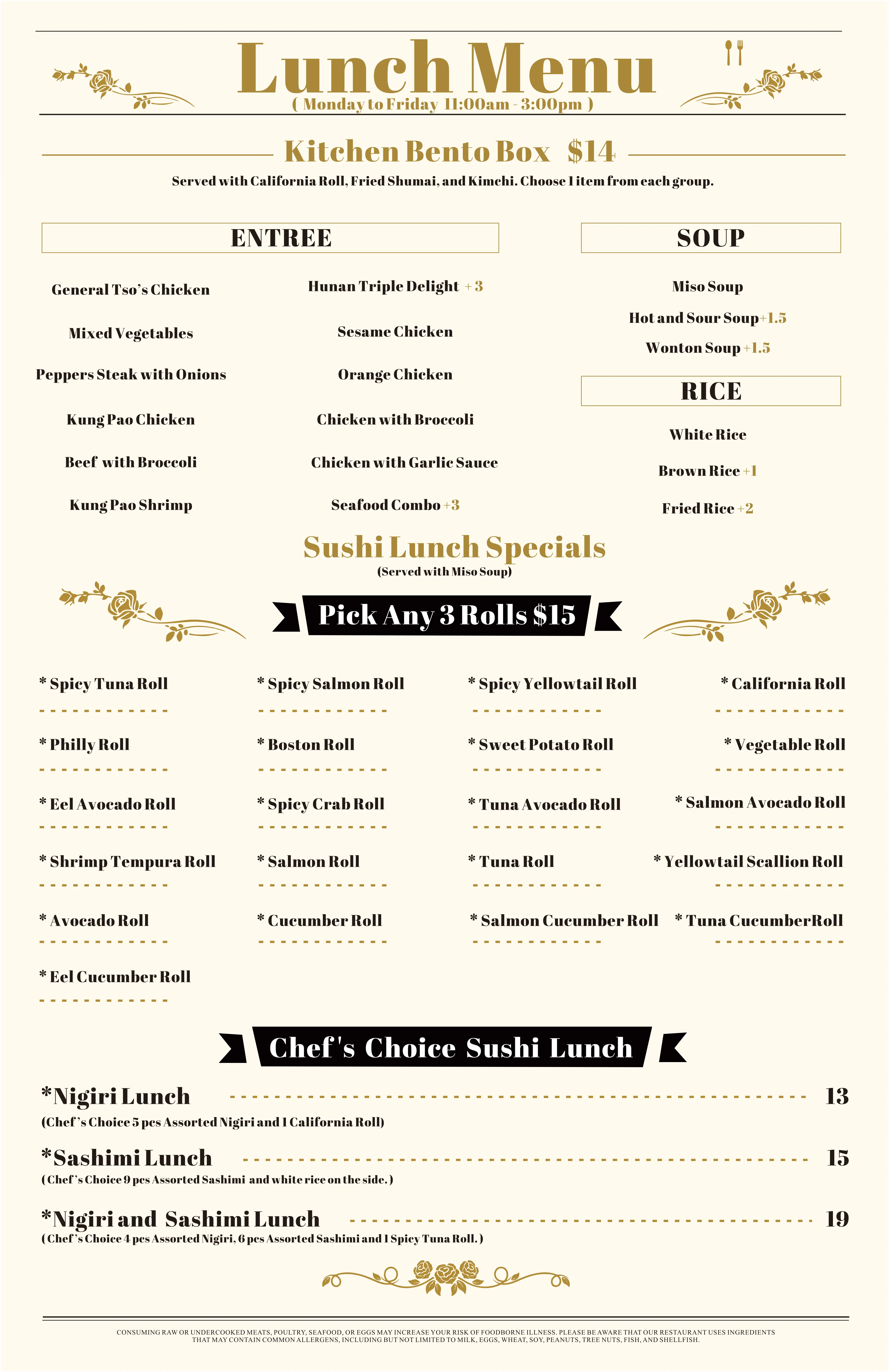 Zen Modern Asian Kitchen Lunch Menu (Monday-Friday 11:00am-3:00pm) featuring Kitchen Bento Box, Sushi Lunch Specials, Soups, and Rice options. Bento Box includes California Roll, Fried Shumai, Kimehi with choice of entree; Sushi Specials offer 3 rolls for $15, Chef's Choice, Nigiri, Sashimi, and combo options. Soups: Miso, Hot and Sour (+$1.5), Wonton (+$1.5); Rice: White, Brown (+$1), Fried (+$2)